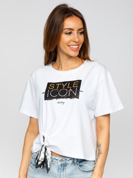 Біла жіноча футболка з паєтками та принтом Bolf DT101