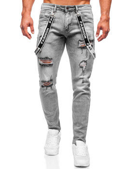 Сірі чоловічі джинсові штани slim fit з підтяжками Bolf KX952