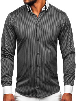 Чорна елегантна чоловіча сорочка в смужку з довгим рукавом Bolf 0909