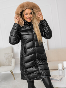 Чорна зимова жіноча двостороння довга стьобана куртка-пальто з капюшоном Bolf B8202B