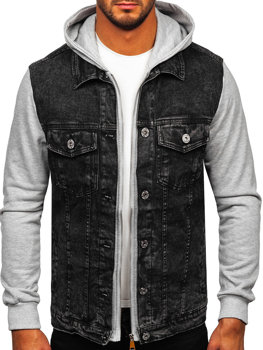 Чорна чоловіча джинсова куртка з капюшоном Bolf HY1017
