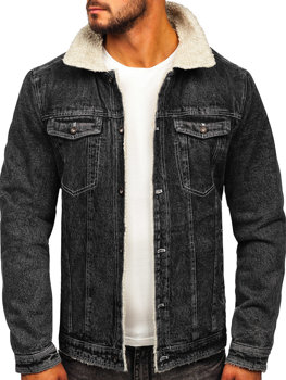 Чорна чоловіча джинсова куртка тракер з хутряною підкладкою Bolf 1160