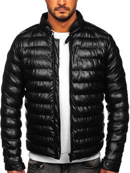 Чорна шкіряна чоловіча зимова стьобана куртка Bolf 0021
