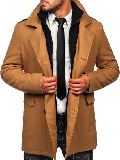 Кемел двобортне чоловіче зимове пальто зі знімним додатковим коміром-стійкою Bolf 8805