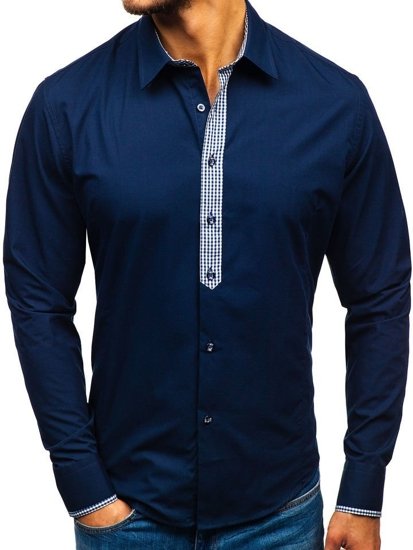 Темно-синя елегантна чоловіча сорочка з довгим рукавом Bolf 0939