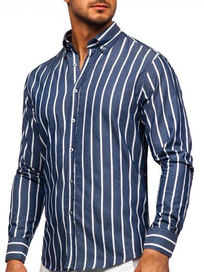 Темно-синя чоловіча сорочка в смужку з довгим рукавом Bolf 20730