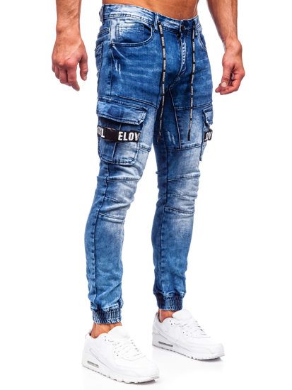 Темно-сині чоловічі джинсові джоггери-карго slim fit Bolf E9639