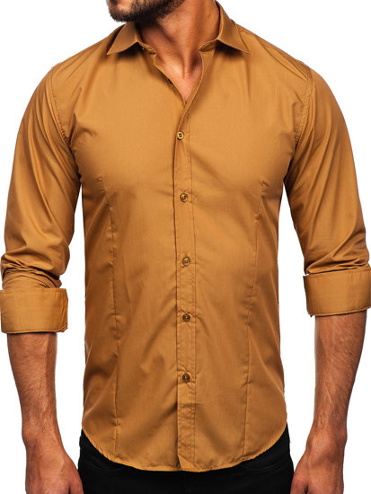 Чоловіча елегантна сорочка з довгим рукавом світло-коричнева Bolf 1703