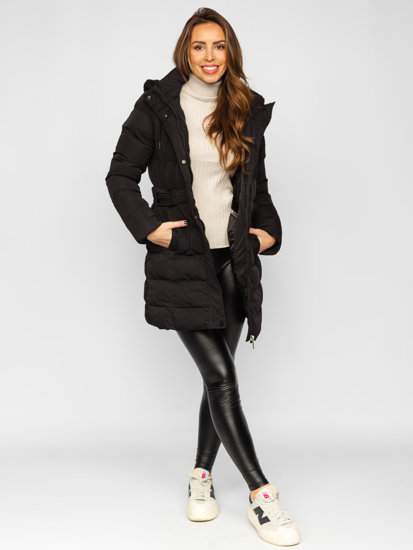 Чорна жіноча довга стьобана зимова куртка з капюшоном Bolf 7086