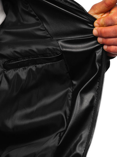 Чорна шкіряна чоловіча зимова стьобана куртка Bolf 0022