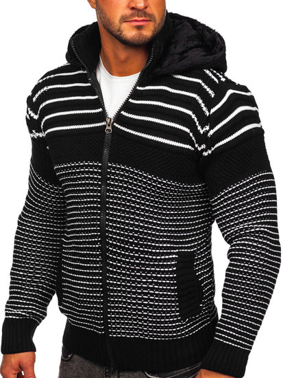 Чорний чоловічий светр-куртка грубої в'язки з капюшоном Bolf 2031