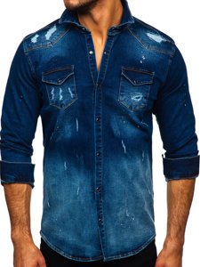 Темно-синя чоловіча джинсова сорочка з довгим рукавом Bolf R802