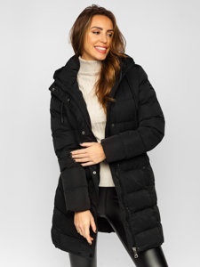 Чорна жіноча довга стьобана зимова куртка з капюшоном Bolf 7086